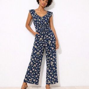 LOFT Navy Floral Wide Leg Jumpsuit Size 2 Twist Front Tie Waist Spring Summer